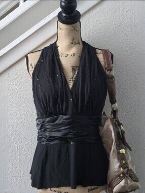 Evan Picone Vintage Black Sequin Halter Top Whimsigoth Goth Glam Size 12
